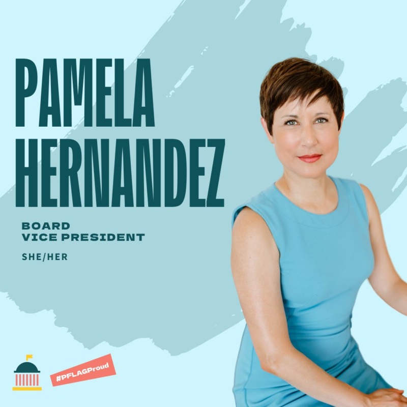 A woman with short brown hair and wearing a blue dress sits looking at the camera. She is surrounded by a lighter blue background. Her name is displayed in a dark blue.